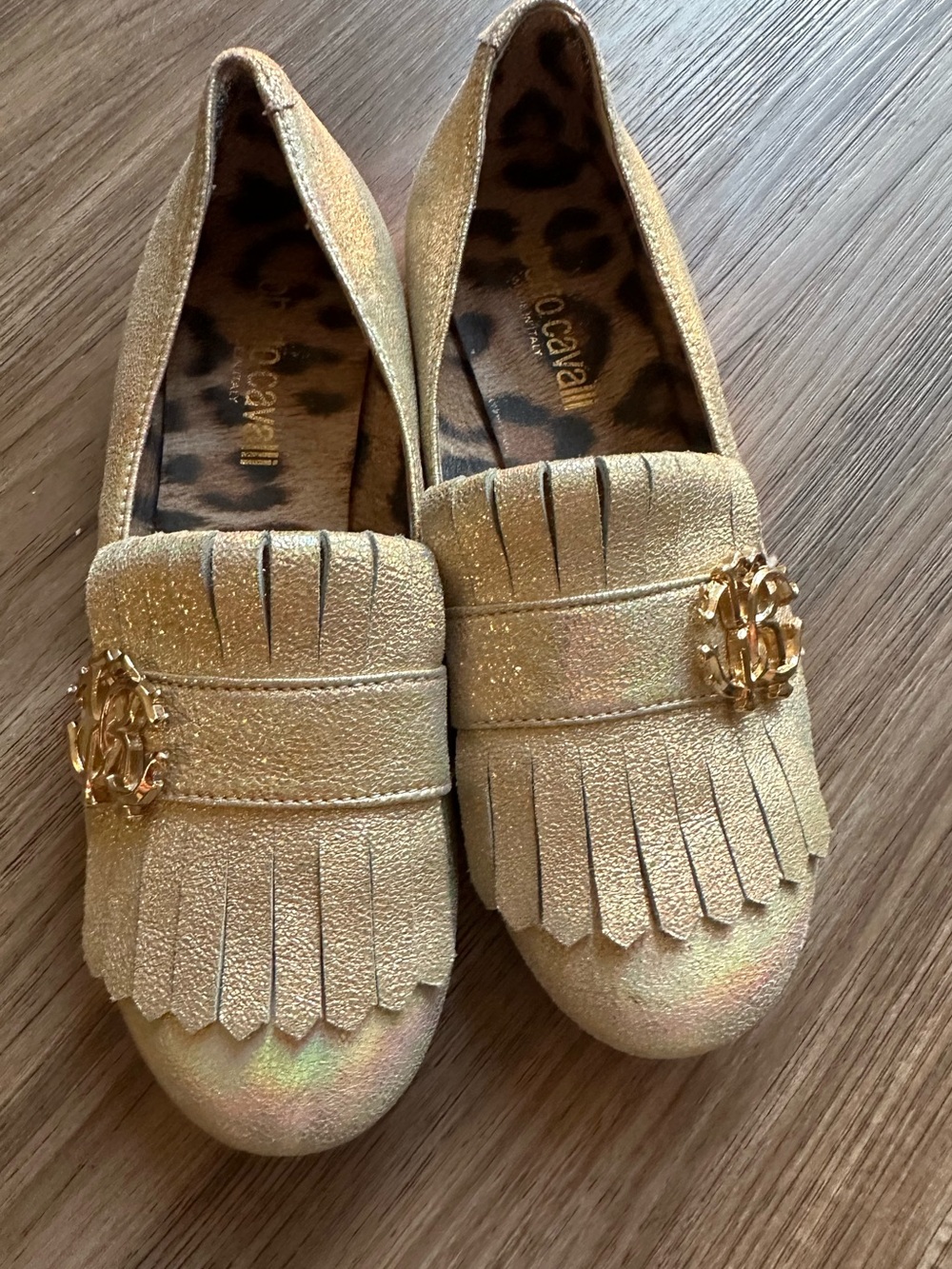 Roberto Cavalli Iridescent Gold Glitter Loafers